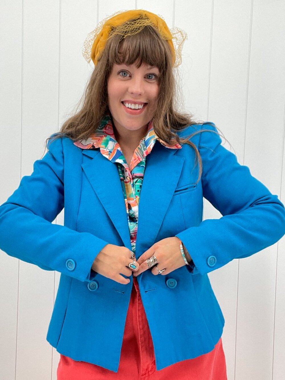 Vintage 80s 90s Bright Teal Blue Boxy Double Breasted Blazer Peabody House M